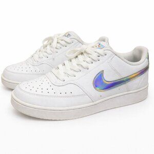Nike Court Vision Low White Sneakers Women 8.5 Iridescent Swoosh Clean Girl